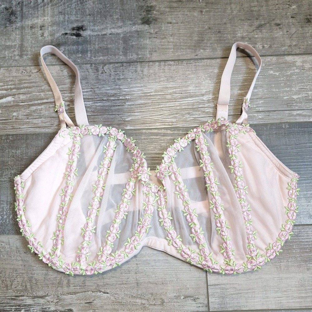 Victoria's Secret 38G Dream Angels Pink Floral Wicked Caged Rosebud Embroidered